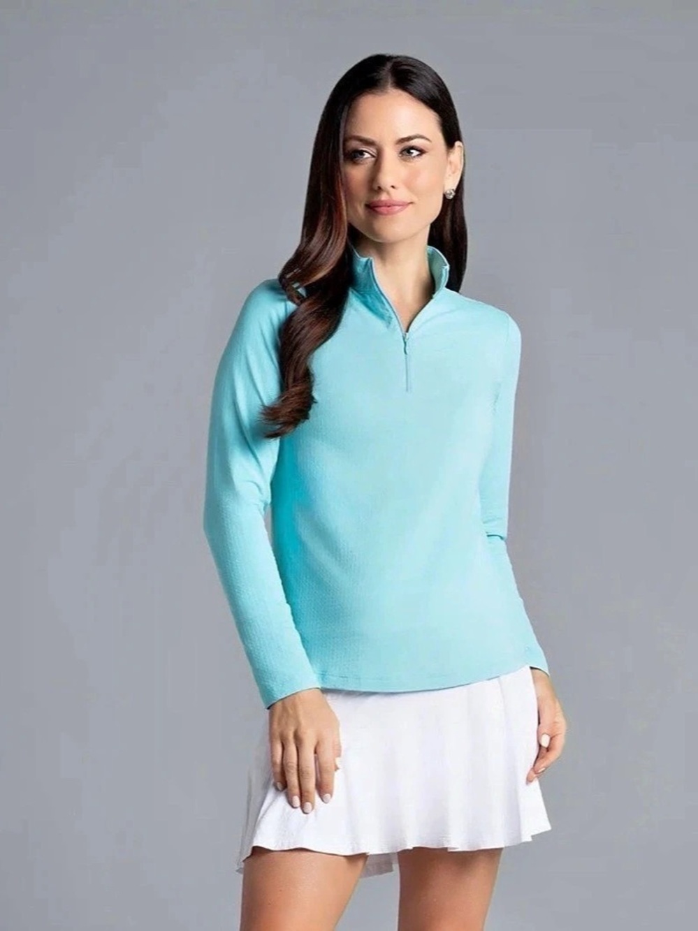 IBKUL Solid Long Sleeve Zip Mock Neck Top Blue Large